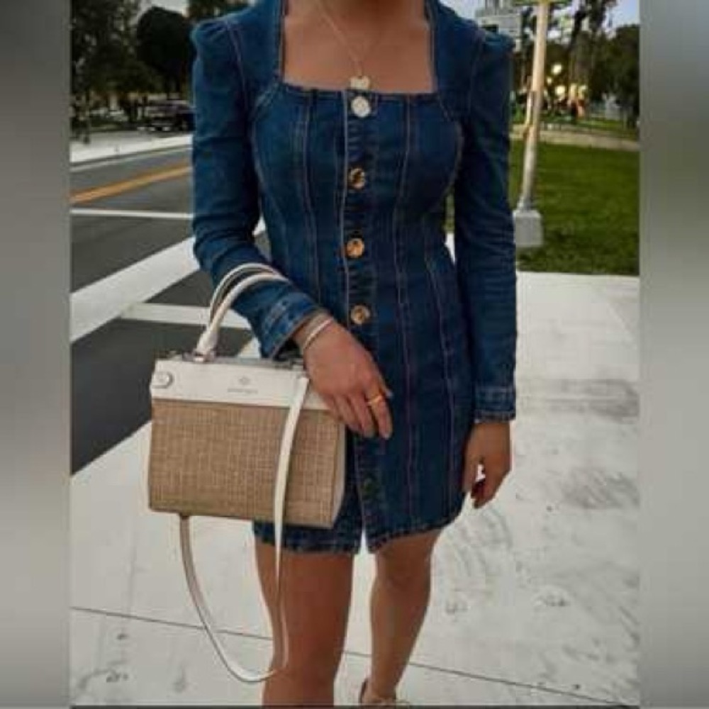 House of Harlow 1960 Stretch Form-fitting Blue Denim Puff Sleeve mini-dress 6